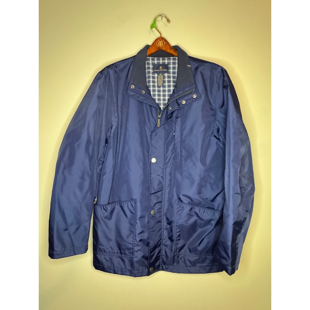 Brooks Brothers Mens Navy Blue Nylon Field Jacket Plaid Lined Full Zip Medium‎